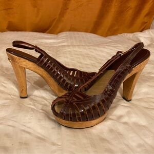Michale Kors South Side Black Leather Cage Wood Platform Heels Womens